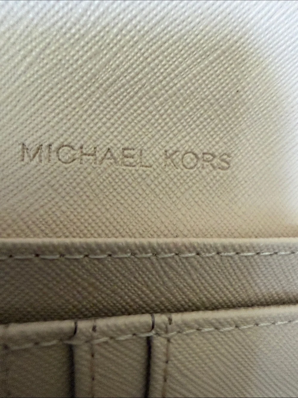 Michael Kors Light Cream Saffiano Leather Continental Wallet with Gold Logo